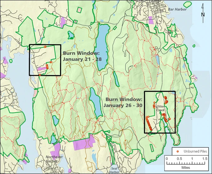 Map showing two burn windows in a forested area near Bar Harbor with marked unburned piles and trails.