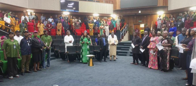 The Permanent Secretary, MPR. Mrs. Patience N. Oyekunle (center) with a cross section of Management and Staff of the Ministry during the Town Hall Meeting in Abuja.