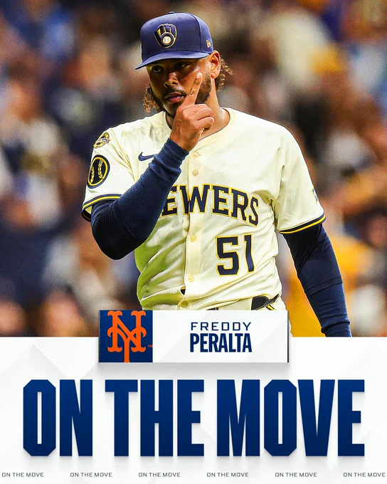 On The Move
Freddy Peralta, New York Mets
Pictured: Freddy Peralta wears a white Milwaukee Brewers uniform.