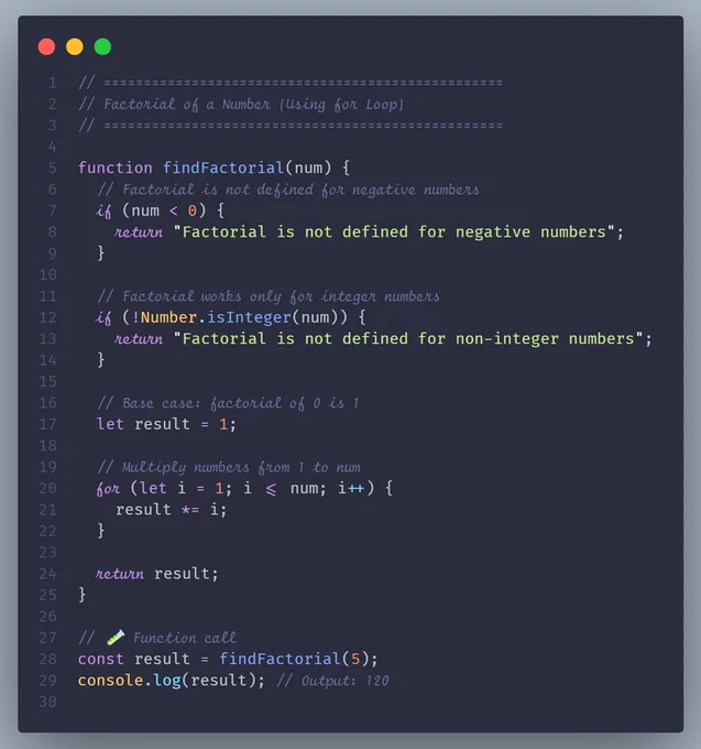 Image showing JavaScript code that calculates the factorial of a number using a for loop. The function checks for negative numbers and non-integer values, handles the base case, and returns the factorial result. Example shows calling the function with 5 and outputting 120.