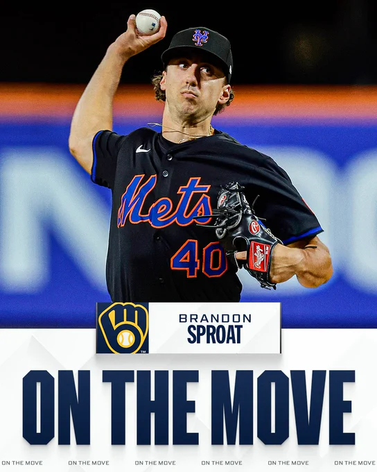 On The Move
Brandon Sproat, Milwaukee Brewers
Pictured: Brandon Sproat delivers a pitch wearing a black New York Mets uniform.