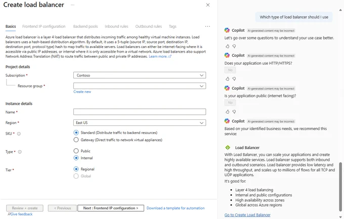 Screenshot of Azure Copilot asking questions about a scenario and providing load balancer recommendations.