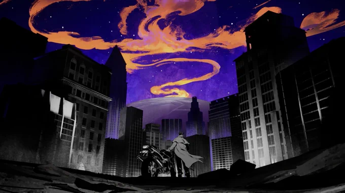 Malys Art of the protagonist, Noah, standing next to his motorcycle in a darkened city, as he stares up at a sky of swirling purple and orange.
