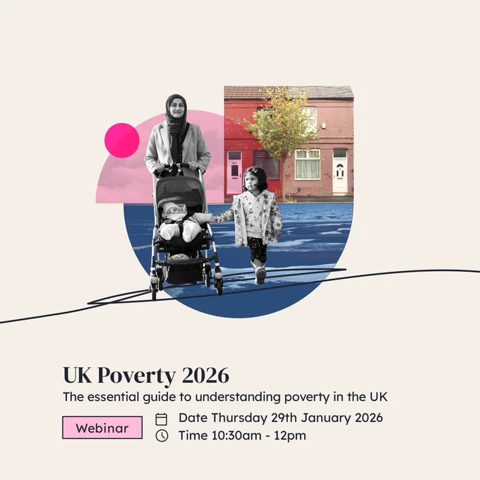 Promotional image for a UK Poverty Understanding webinar, featuring an adult pushing a stroller accompanied by a child, set against a graphic of urban and rural landscapes. Event details include the date as Thursday 29th January 2026, from 10:30 am to 12 pm.