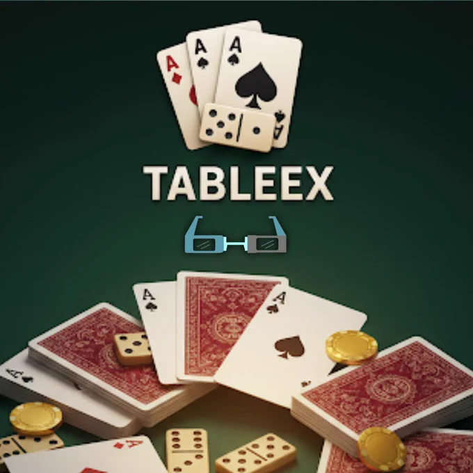 A dark green felt gaming scene with the word TABLEEX centered in bold cream letters. Above the text are three fanned playing cards (two black spade aces and one red diamond ace) with a domino tile in front. Below the text is a small teal-and-gray eyeglasses icon. The lower area shows scattered stacks of red-backed playing cards, several face-up aces, ivory domino tiles with black pips, and gold poker chips.