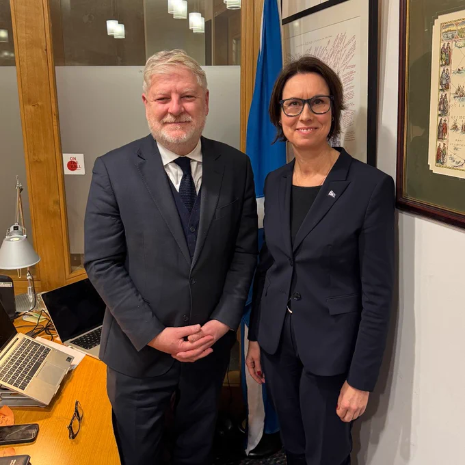 External Affairs Secretary Angus Robertson with Agent-General of Québec Geneviève Brisson.