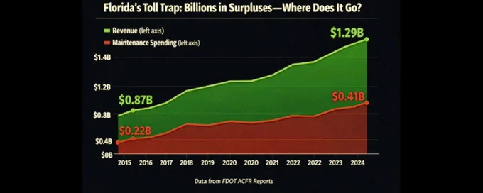 A $17B  decade-long surplus that never lowers tolls—because the system feeds bonds, expansions, and contractors with your dollars.