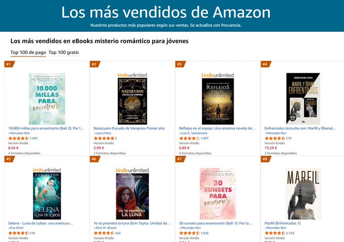 Aquí aparece Nazaryann Escuela de Vampiros en segundo lugar entre los más vendidos de Amazon en la categoría misterio romántico para jovenes