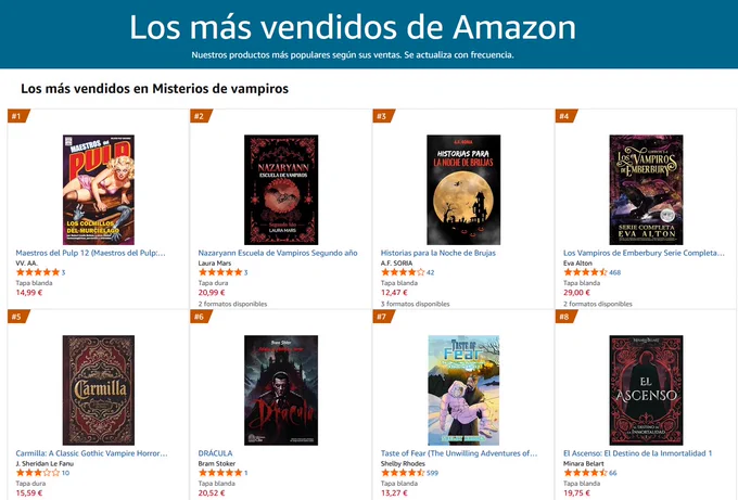 Aquí aparece Nazaryann Escuela de Vampiros segundo año en segundo lugar entre los más vendidos de Amazon en la categoría misterio de vampiros