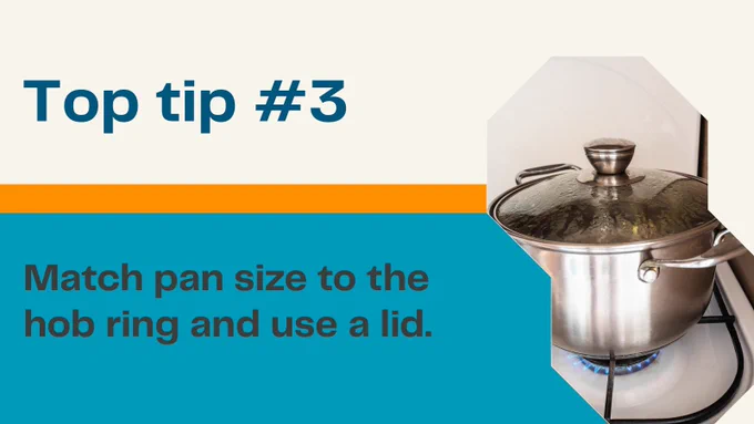 Graphic titled ‘Top tip #3’ with text advising to match pan size to the hob ring and use a lid. On the right, a metal pan with a glass lid sits on a gas hob with a blue flame.