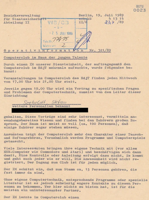 Bericht eines inoffiziellen Mitarbeiters über den Ost-Berliner Computerclub (Quelle: BArch, MfS, BV Berlin, Abt. XX, Nr. 3118, Bl. 23)