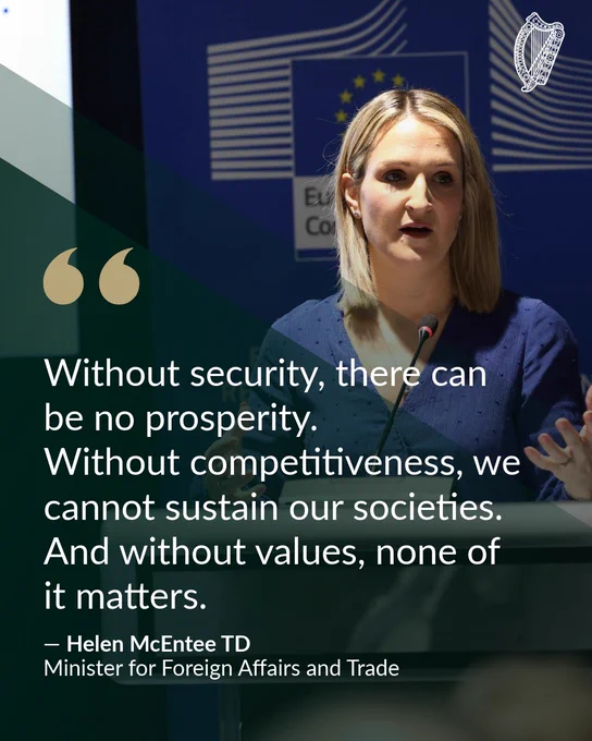 Minister McEntee with text 'Without security, there can be no prosperity. Without competitiveness, we cannot sustain our societies. And without values, none of it matters'. 