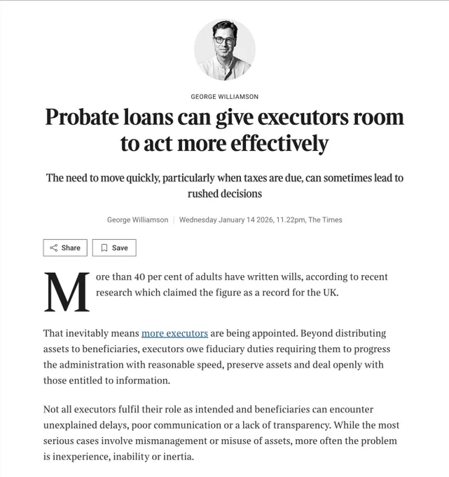 Snippet of George Williamson's (our CEO & Founder) article with the Times, which explores how liquidity constraints, particularly when inheritance tax and ongoing estate costs are due, can cause delays for beneficiaries seeking probate and lead to assets deteriorating in value. George explains how regulated probate finance can protect estates and reduce the need for costly court action.