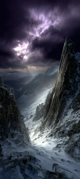 Path-traced lightning illuminates fractal micro-displacement on snow-covered peaks. Dense volumetric fog with high-bit-depth purple caustics. Pure atmospheric entropy.