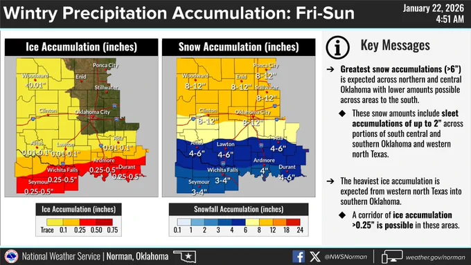 The graphic displays the snowfall and ice amounts for Friday through Sunday.