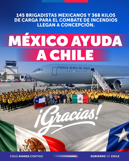 145 brigadistas mexicanos y 368 kilos de carga para el combate de incendios llegan a Concepción.

MÉXICO AYUDA A CHILE

Gracias