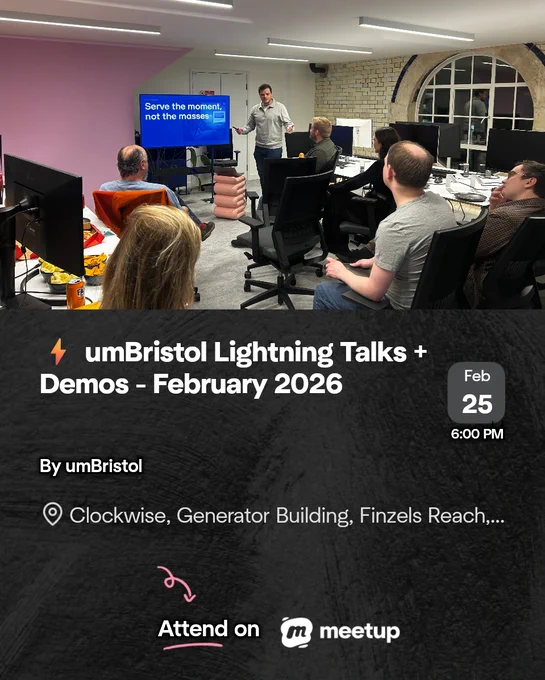 umBristol Lightning Talks   Demos - February 2026
Feb 25 6:00 PM
By umBristol
Clockwise, Generator Building, Finzels Reach,...
Attend on meetup