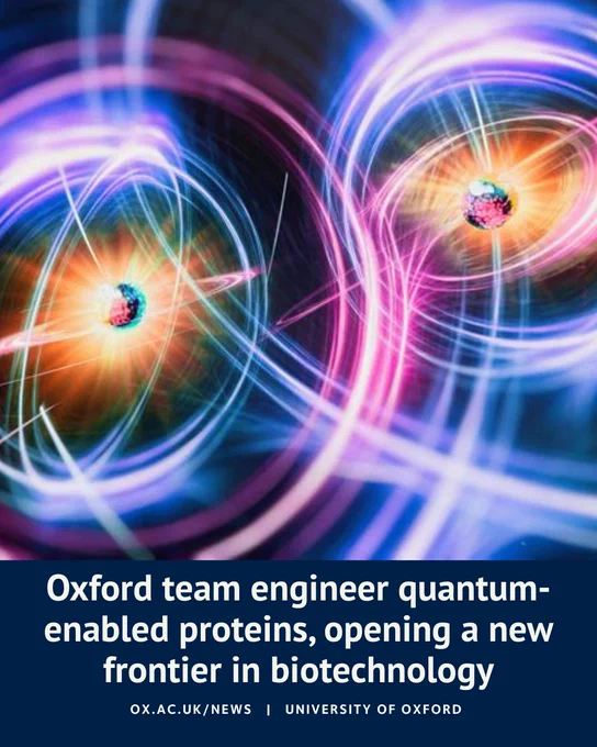 Abstract illustration showing glowing particles surrounded by swirling lines of light, representing quantum interactions. Text reads: “Oxford team engineer quantum-enabled proteins, opening a new frontier in biotechnology.”
