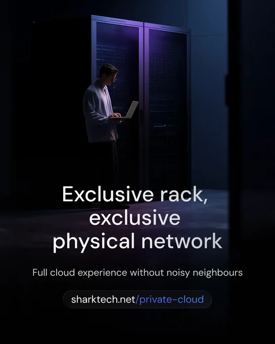 IT engineer working on a laptop inside a private data center. Image text: "Exclusive rack, exclusive physical network. Full cloud experience without noisy neighbours"