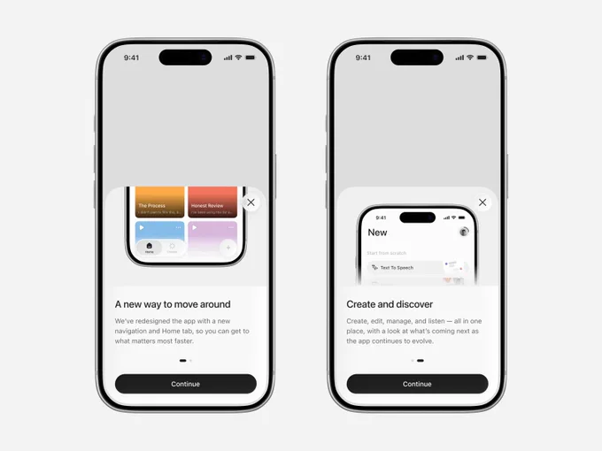 Two iPhone screens showing onboarding info sheets for a redesigned ElevenLabs app navigation. Each sheet highlights a new way to move around the app, with a preview of the updated home and creation flows and a “Continue” button at the bottom.
