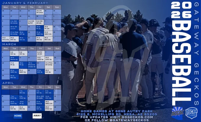 The image is a promotional schedule for the 2026 Gateway Geckos baseball team. It features a calendar listing game dates for January through April with specific opponents, locations, and times. The schedule is divided into three sections: January & February, March, and April, each with a blue header. The left side shows a dark gradient background with pale white text detailing the team's home games, contact information, and social media handle. The right side contains a vertical banner that reads "2026 BASEBALL GATEWAY GECKOS" in bold white text on a blue gradient background, alongside logos for the ACCAC and NJCAA. A transparent overlay of a photo shows a group of baseball players in uniforms gathered on a field, offering a glimpse of trees in the background.