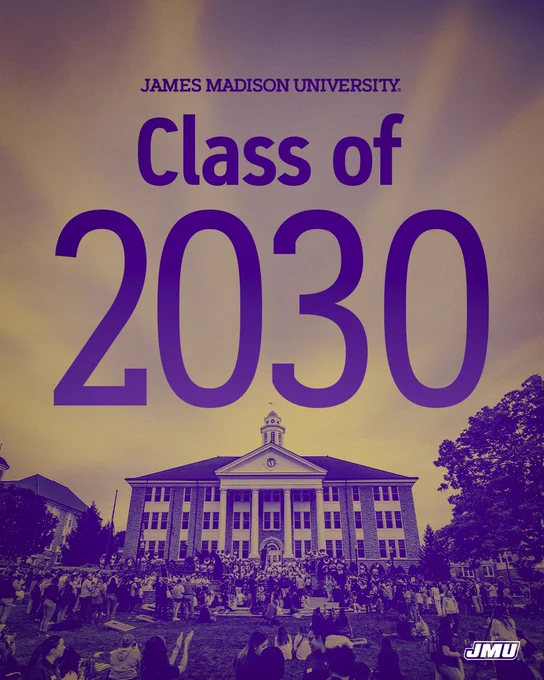 A purple-to-gold gradient graphic. At the bottom, Wilson Hall appears with a crowd of people in front. Centered above, purple text reads “James Madison University”. On separate lines below, larger purple text reads “Class of” and “2030”. In the bottom right corner there is a small white JMU logo. 