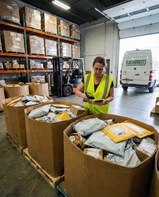 A warehouse worker scanning parcels in large bins, with shelves of boxed inventory behind and a FlashRoutes delivery van parked at the loading bay.