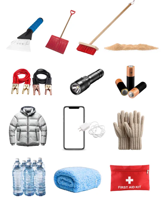 A variety of everyday items including a broom, dustpan, mop, flashlight, jumper cables, batteries, a puffer jacket, smartphone with charger, knit gloves, bottled water, a towel, and a first aid kit.