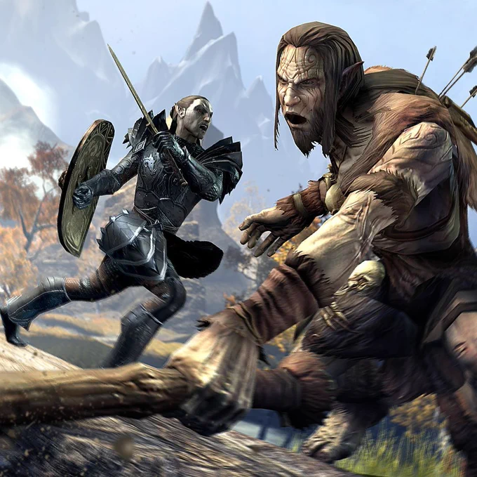 A dark elf takes on a giant as he slams his club into the ground.
