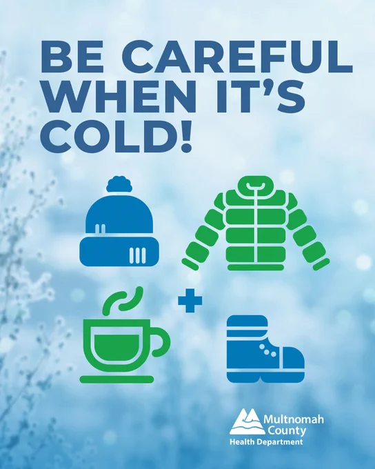 Illustrations of a hat, a winter coat, a hot beverage and a boot with an icy background photo. Headline: Be careful when it's cold!