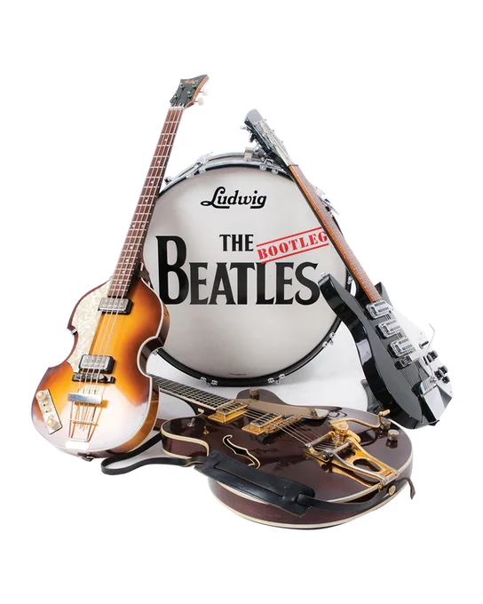 Promo image for the Bootleg Beatles, with a white Ludwig drum with a black logo reading "THE BEATLES" and a smaller red word "BOOTLEG" superimposed on the word "BEATLES".
