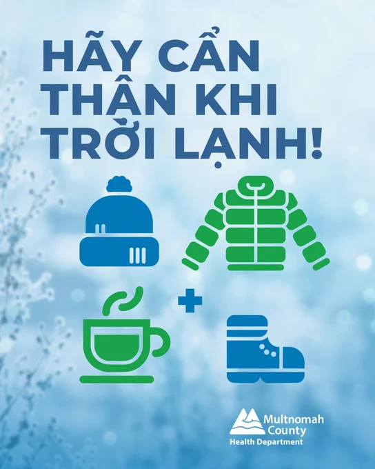 Illustrations of a hat, a winter coat, a hot beverage and a boot with an icy background photo. Headline: Be careful when it's cold! in Vietnamese.