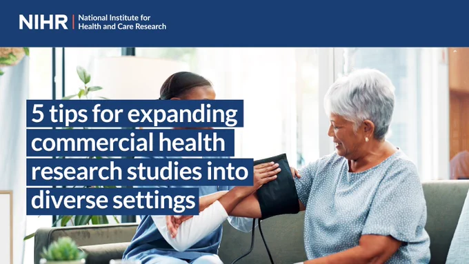 NIHR logo. 
5 tips for expanding health research studies into diverse settings. 
Photograph of blood pressure being taken at home. 