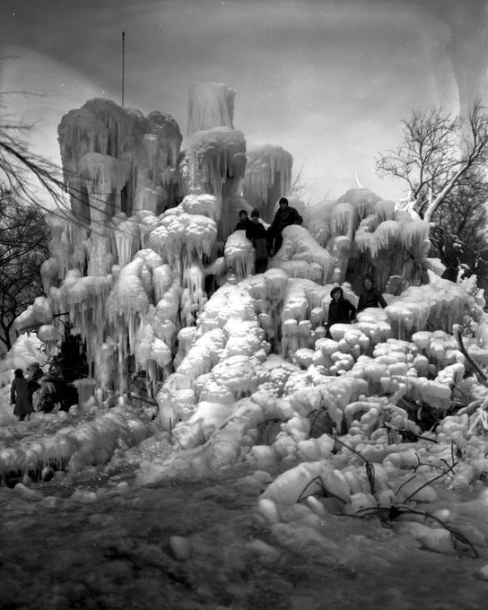 Children climb a frozen fountain on Belle Isle, January 1, 1931. Courtesy: Detroit News Collection (UAV002691)