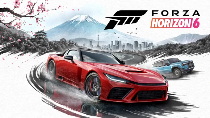 Promotional artwork for Forza Horizon 6 featuring a red sports car speeding on a snowy road with cherry blossoms in the foreground and Mount Fuji in the background.