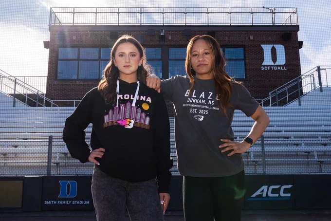 Ana Gold and Jala Wright pose at Duke in Carolina Blaze merchandise.