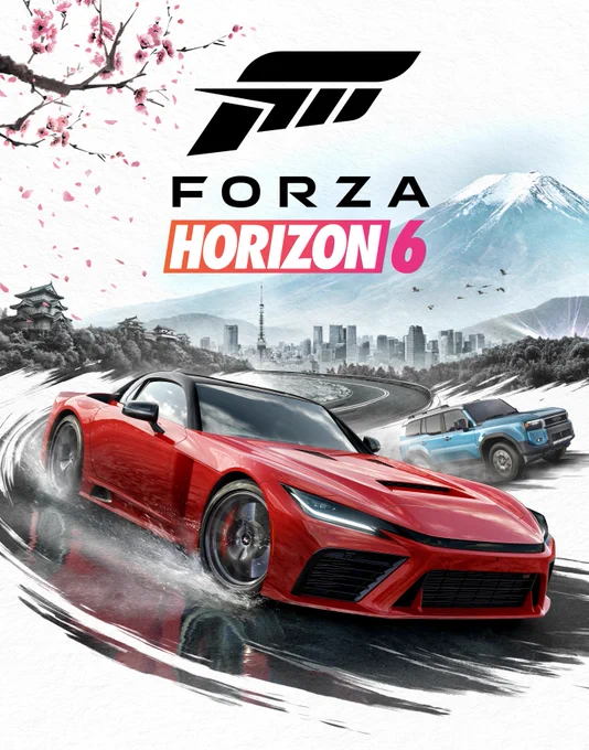 This promotional poster for Forza Horizon 6 features a red 2025 GR GT Prototype in motion against a mixed-media backdrop of the Tokyo cityscape with Mount Fuji visible in the background. A blue 2025 Toyota Land Cruiser follows the GR GT. The Forza Horizon 6 logo is displayed prominently in the top center.
 