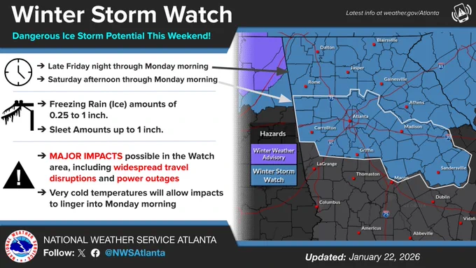On the left, forecast details. On the right, map of area under a winter storm watch.