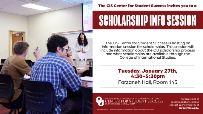 Promotional image for a Scholarship Info Session at the CIS Center for Student Success, showing several students seated around a table engaging in discussion with a presenter in a classroom setting. Details about the event on January 27th at Farzaneh Hall, Room 145, are displayed on the right.