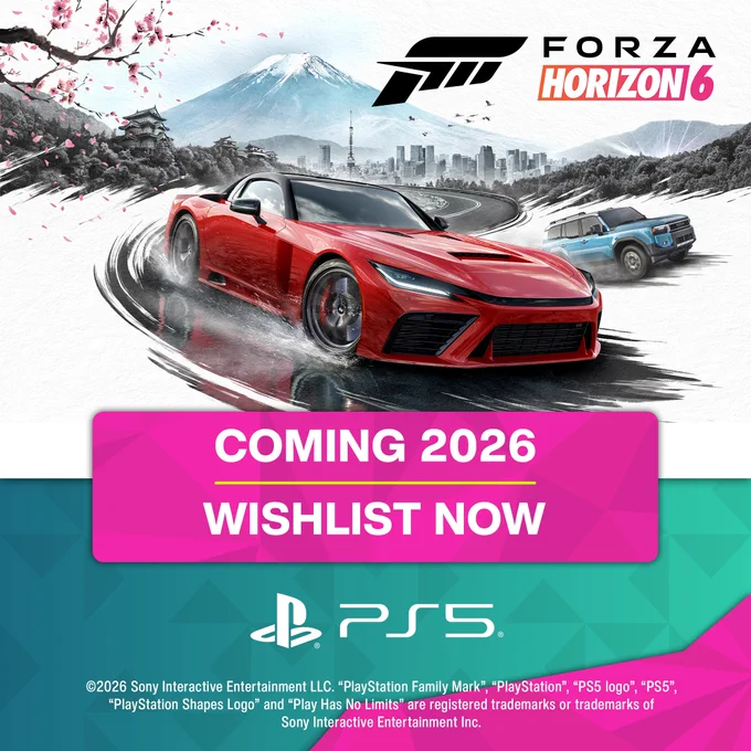 This promotional poster for Forza Horizon 6 features a red 2025 GR GT prototype in motion against a mixed-media backdrop of the Tokyo cityscape, with Mount Fuji visible in the distance. A blue 2025 Toyota Land Cruiser can be seen following the GR GT. The Forza Horizon 6 logo is displayed prominently in the top centre. The words 'Coming 2026, Wishlist Now' are displayed at the bottom.