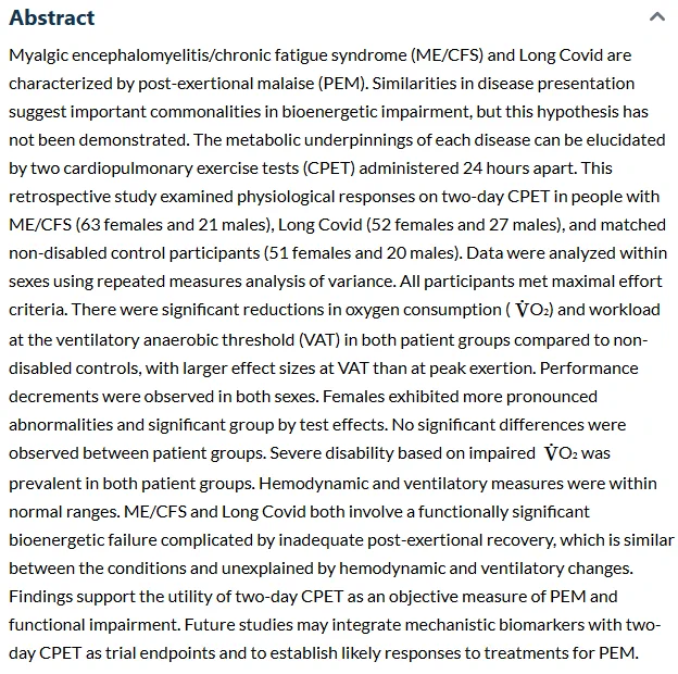 Abstract
Myalgic encephalomyelitis/chronic fatigue syndrome (ME/CFS) and Long Covid are characterized by post-exertional malaise (PEM). Similarities in disease presentation suggest important commonalities in bioenergetic impairment, but this hypothesis has not been demonstrated. The metabolic underpinnings of each disease can be elucidated by two cardiopulmonary exercise tests (CPET) administered 24 hours apart. This retrospective study examined physiological responses on two-day CPET in people with ME/CFS (63 females and 21 males), Long Covid (52 females and 27 males), and matched non-disabled control participants (51 females and 20 males). Data were analyzed within sexes using repeated measures analysis of variance. All participants met maximal effort criteria. There were significant reductions in oxygen consumption (
O₂) and workload at the ventilatory anaerobic threshold (VAT) in both patient groups compared to non-disabled controls, with larger effect sizes at VAT than at peak exe