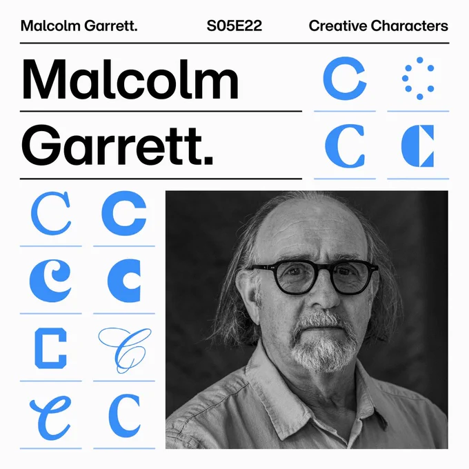 Promotional graphic for the "Creative Characters" podcast episode featuring Malcolm Garrett. The image includes a headshot of Malcolm Garrett, with various stylized letters "C" in the background, along with the text "Malcolm Garrett S05E22."