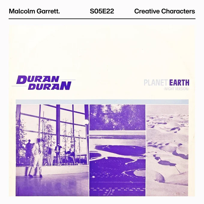 Album cover for Duran Duran’s single “Planet Earth (Night Version).” Purple tinted text and pictures with three images next to each other of: a person walking past other people outside a large building, and two nature texture landscapes.