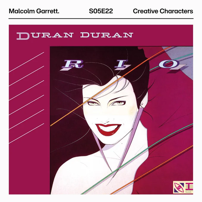 Album cover of "Rio" by Duran Duran, featuring a stylized graphic of a smiling face with bold makeup, dark hair, long lilac earrings, and abstract lines in vibrant colors. Design by Malcolm Garrett.