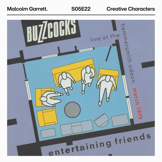 Album cover for Buzzcock's live album "Entertaining Friends: Live at the Hammersmith Odeon, March 1979" featuring stylized graphics of four individuals sitting in yellow chairs and a loveseat (like an overhead interior design schematic), as if watching TV. Designed by Malcolm Garrett.