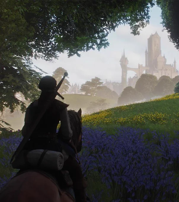 Screenshot from Fable of a character with a sword on her back riding a horse.