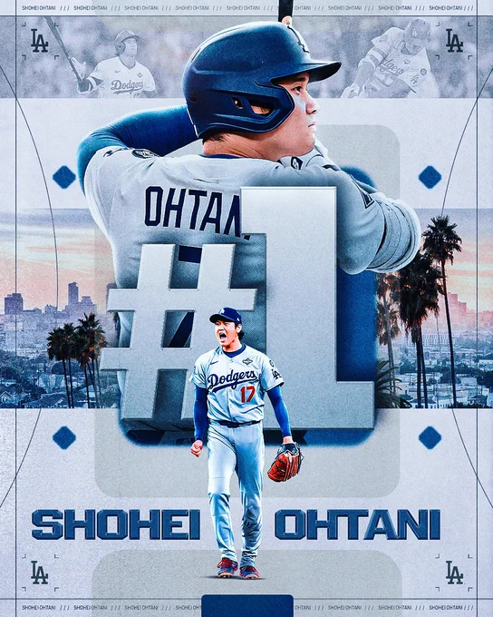 Shohei Ohtani #1

Pictured: Two cutouts of Shohei Ohtani (one of Ohtani reacting after pitching and one of Ohtani standing with a bat as he prepares for an at-bat) are featured on a blue and gray graphic with the #1 in between them. Scenery of Los Angeles during a sunset and other photos of Ohtani make up the rest of the graphic.