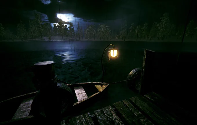 A dark image of a boat with a lantern at a dock near a lake. There is a forest visible in the background.