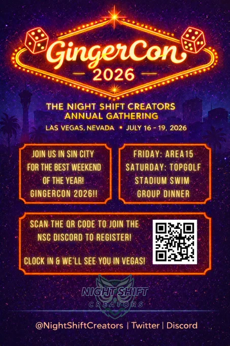 The image is a flyer for the annual Night Shift Creators gathering GingerCon. Visit the NSC discord for more info.