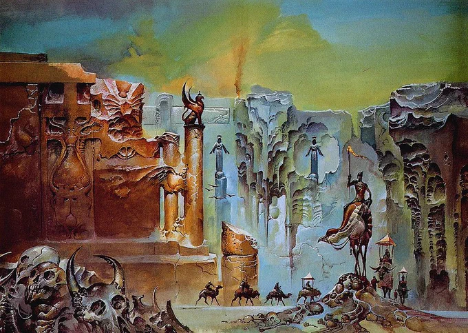 Bruce Pennington's wraparound cover of Gene Wolfe's The Claw of the Conciliator source https://www.reddit.com/r/sciencefiction/comments/xlx09y/bruce_pennington_the_wraparound_cover_of_gene/ 